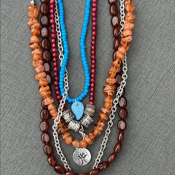 Women’s Multilayered Layer Turquoise and Silver Tree Leaf Brown Blue Necklace - Picture 3 of 9